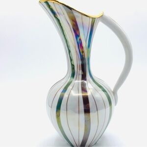 Vintage MCM Italian Iridescent Pitcher Vase with Gold Trim #3260 Italy - 8.5”